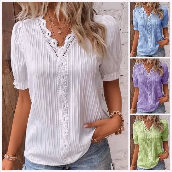 V Neck Plain Lace Elegant Shirt