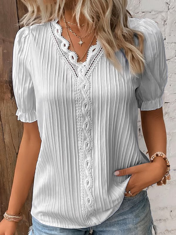 V Neck Plain Lace Elegant Shirt