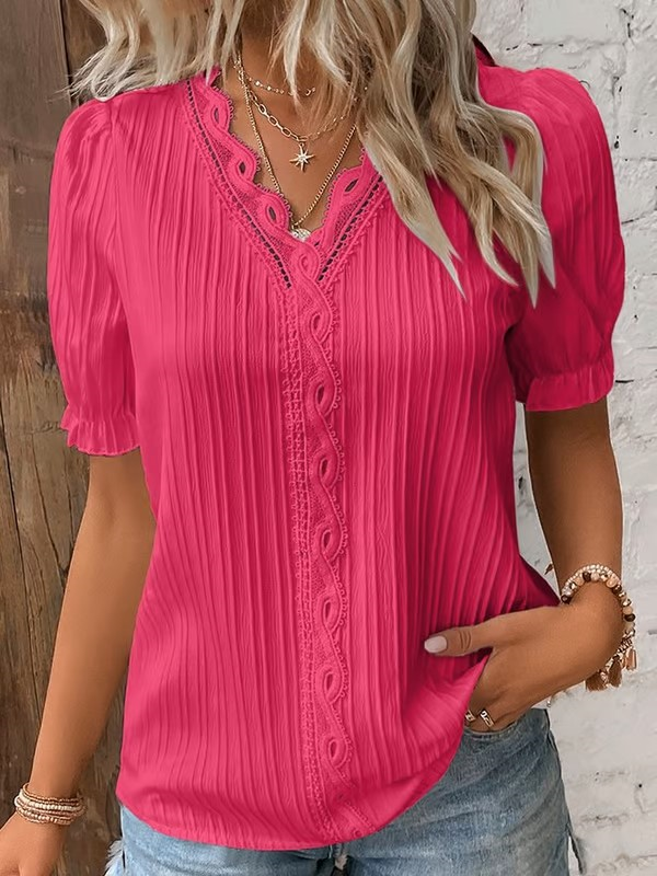 V Neck Plain Lace Elegant Shirt