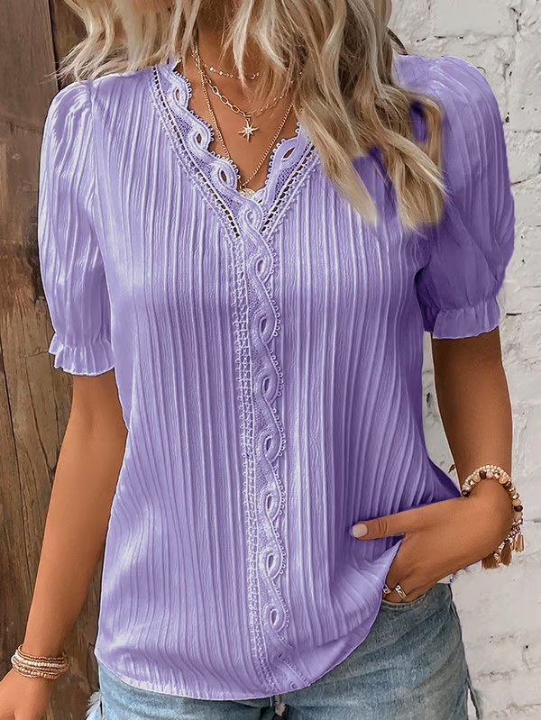 V Neck Plain Lace Elegant Shirt
