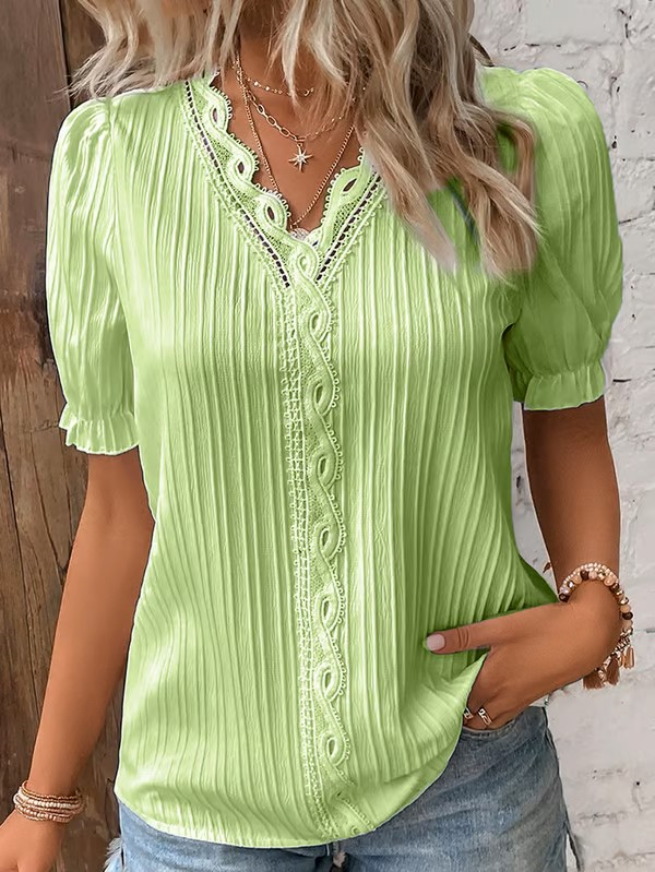 V Neck Plain Lace Elegant Shirt