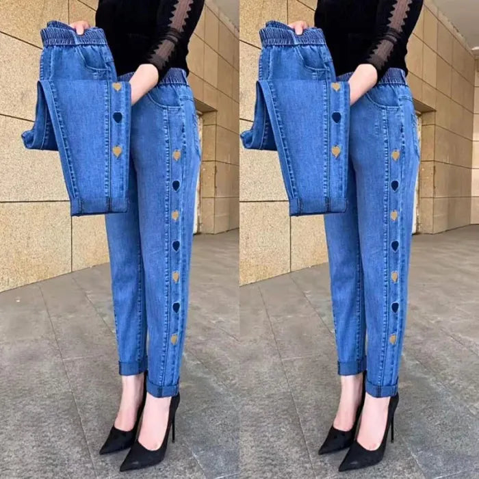 Women's Highly Elastic Jeans with Heart Motif Embroidery