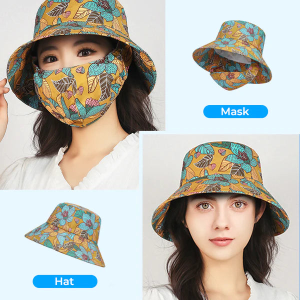 ⏳ Women's Floral Print Bucket Sun Hat with Mask (The more you buy, the higher the discount)💥