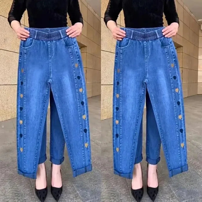 Women's Highly Elastic Jeans with Heart Motif Embroidery