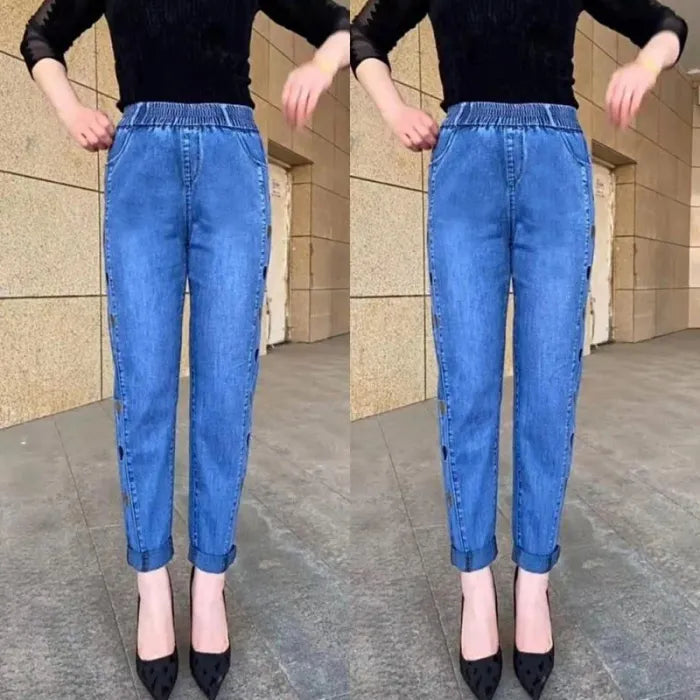 Women's Highly Elastic Jeans with Heart Motif Embroidery