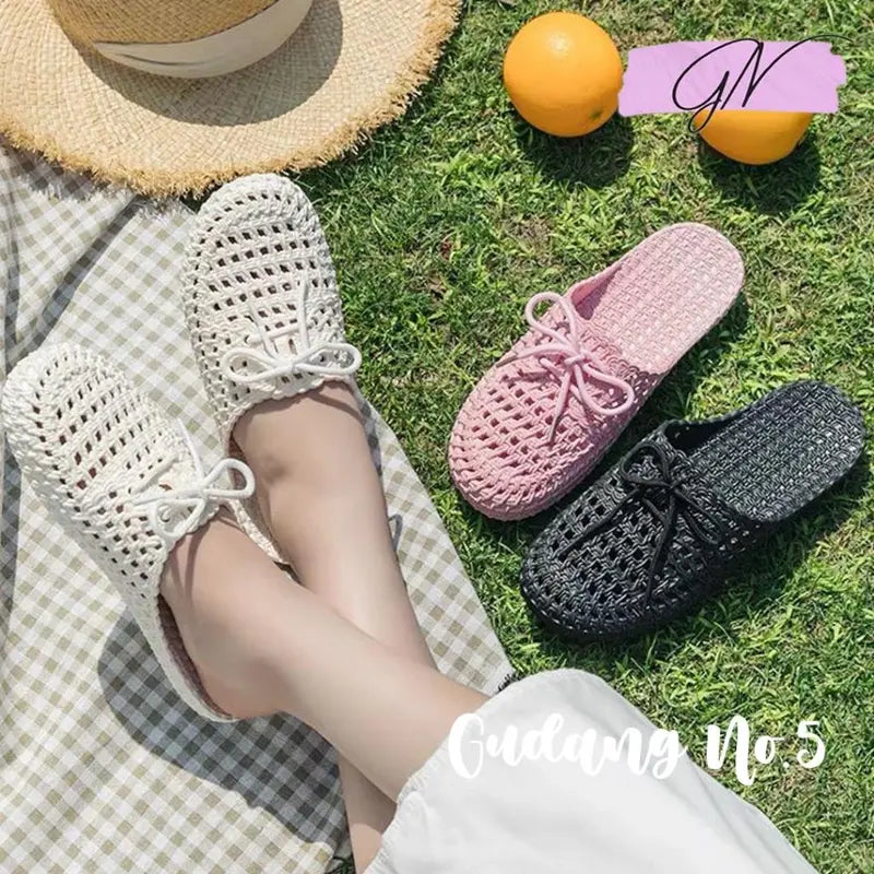 Sandal Selop Wanita Sandal Flat Jelly lmport SlipOn Model Rajut dengan Tali Terbaru PY132