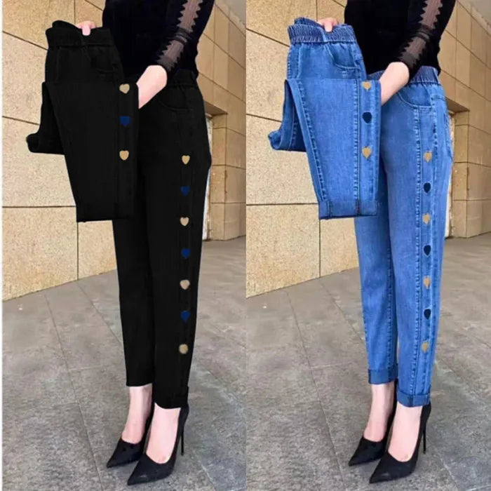 Women's Highly Elastic Jeans with Heart Motif Embroidery