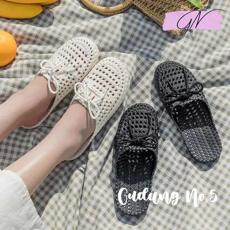 Sandal Selop Wanita Sandal Flat Jelly lmport SlipOn Model Rajut dengan Tali Terbaru PY132