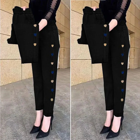 Women's Highly Elastic Jeans with Heart Motif Embroidery