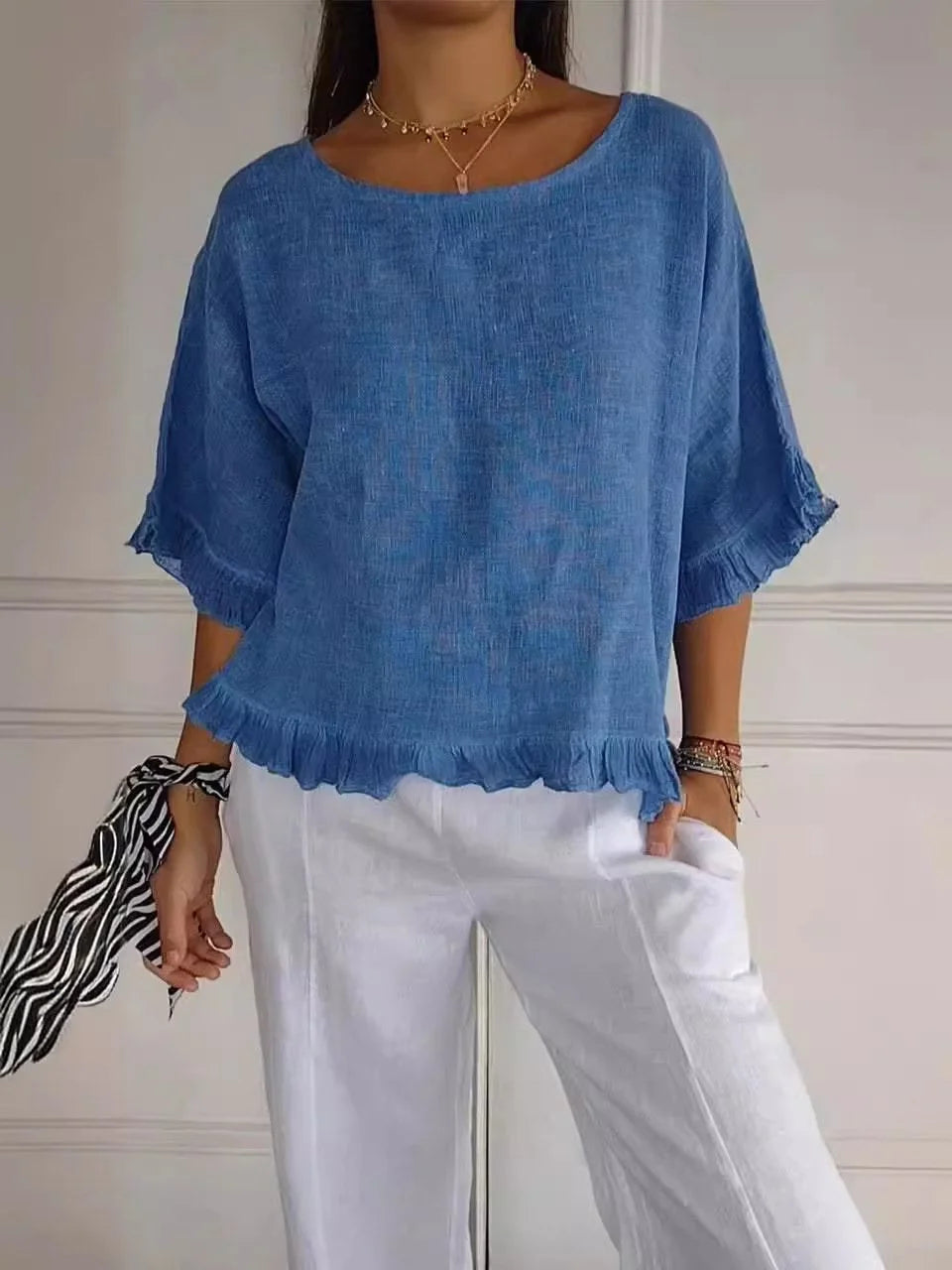 🔥【S-5XL】Cotton and linen blend top with a round neckline and gathered hem