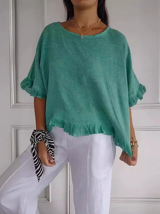 🔥【S-5XL】Cotton and linen blend top with a round neckline and gathered hem