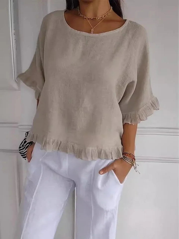 🔥【S-5XL】Cotton and linen blend top with a round neckline and gathered hem